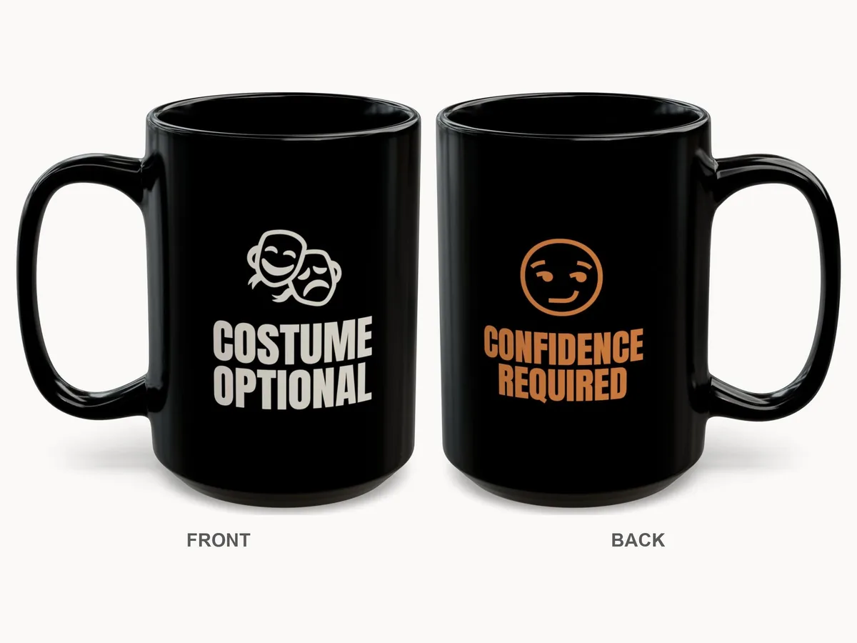 Two views of a black 15oz mug: the front reads COSTUME OPTIONAL in cream with a comedy-tragedy mask icon, the back reads CONFIDENCE REQUIRED in copper with a smirking face icon